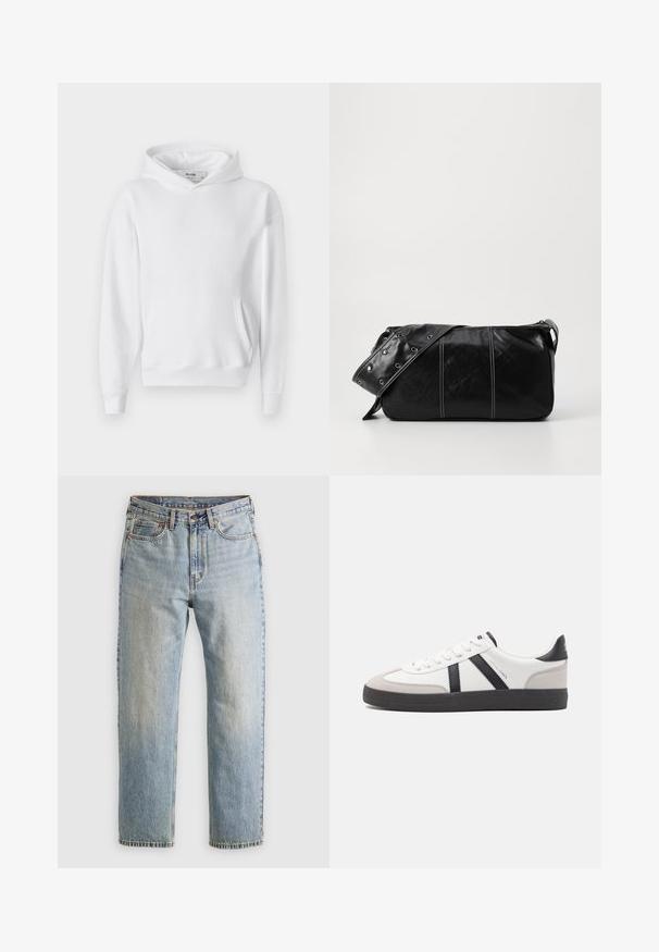 Fehér kapucnis pulóver, puha anyagból készült, elöl kenguru zsebbel és bordás mandzsettákkal. Egyszerű, klasszikus dizájn, laza szabással.; Világoskék farmernadrág magas derékkal, elülső gombbal, cipzárral és öt zsebbel, sima háttérre fektetve.; Fehér sneaker fekete és szürke részletekkel, textúrált szürke orr résszel, fekete gumitalppal és lapos fehér fűzőkkel. Tiszta dizájn, minimalista stílus.; Fekete bőr válltáska, cipzárral zárva, texturált felülettel, fehér varrással és ezüst fémgyűrűs pánttal.