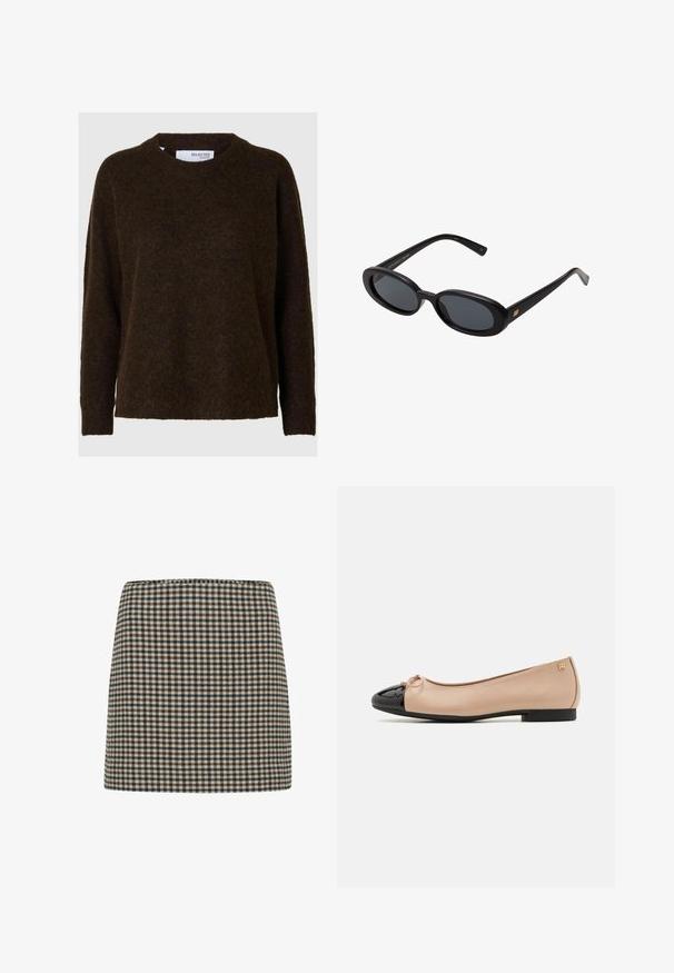 Selected Femme LULU O-NECK - Pulover - coffee bean; Karirana mini krila v črni, rjavi in krem barvi. Strukturna oblika z visokim pasom. Mehka tekstura tkanine s skladnim mrežastim vzorcem.; Baletne balerinke z bež satenastim zgornjim delom, črnimi lakastimi kapicami na prstih, majhnim detajlom v obliki pentlje na sprednji strani in nizko črno peto.; Črne oversize sončne očala z ovalnimi lečami, gladkim plastičnim okvirjem in zlatenimi detajli na templjih. Temne leče zagotavljajo zaščito pred soncem.; Siva semiš torba z dvema temnima usnjenima ročajema. Ima šivane detajle na straneh, mehak tekstur in prostoren odprtina.