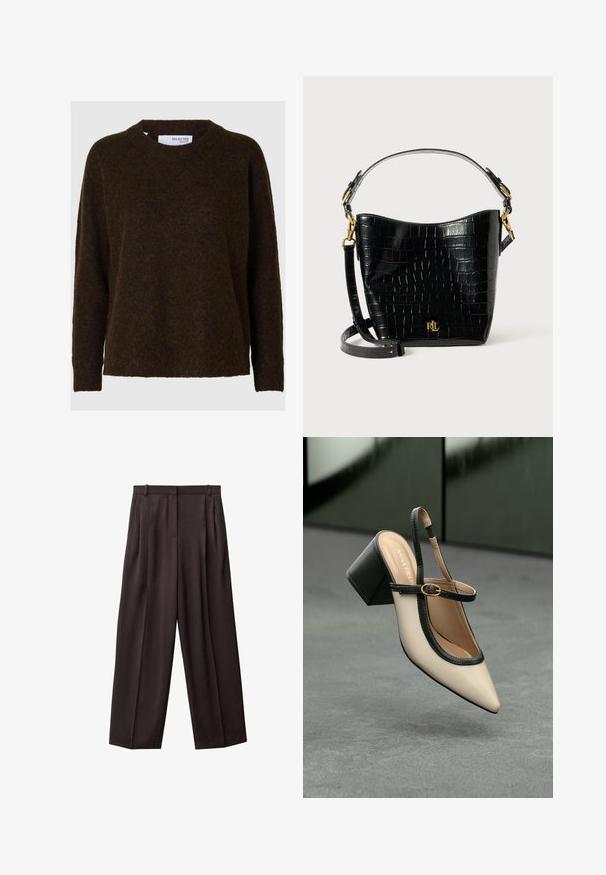 Selected Femme LULU O-NECK - Pulover - coffee bean; Hlače s širokimi hlačnicami iz temno rjave tkanine. Značilnosti vključujejo nabore spredaj, pas z zankami za pas in stranske žepe. Gladka tekstura.; Bež visoka petka z odprtim zadnjim delom, koničastim sprednjim delom, črnim robom in zaponko. Gladek material z mat zaključkom, srednje debela petka.; Črna torbica iz usnja z embosiranim krokodiljim vzorcem, ukrivljene oblike, z zlatimi akcenti, nastavljivim trakom in podrobnostjo logotipa spredaj.