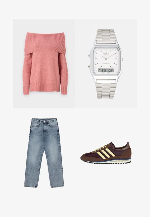 Olkapäältä avattu pehmeä vaaleanpunainen neule, jossa on ribbaus kauluksessa ja haut. Tavallinen istuvuus, sileä rakenne ja pitkät hihat.; Vaaleansiniset farkut, joissa on suora lahje, näkyvät tikkaus, viisi taskua ja napin suljenta vyötäröllä.; Ruskea ja burgundin värinen lenkkari, jossa on yksityiskohtina mokkaa ja verkkomateriaalia, kolmea kermaista raitaa, tekstuuripinta kielekkeessä ja kumipohja.; Harmaa ruostumaton teräksinen kello, jossa on nelikulmainen kuori, valkoinen näyttö, analoginen ja digitaalinen näyttö sekä metallinen linkkihihna. Vesitiivis muotoilu.