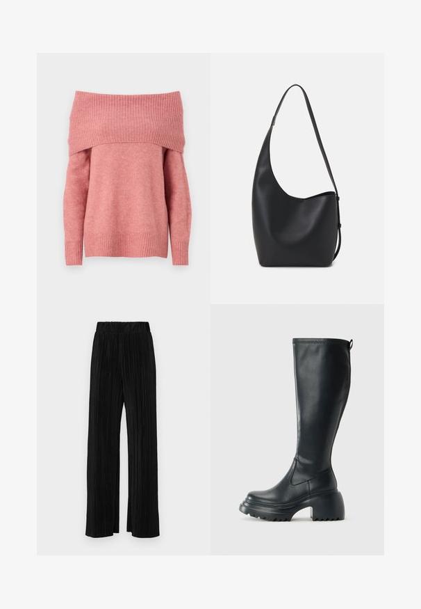 Vállnélküli pulóver puha rózsaszín anyagból, bordás nyakkal és mandzsettákkal. Szabványos fazon, sima textúrával és hosszú ujakkal.; Fekete pliszírozott nadrág gumis derekkal. Széles lábakkal rendelkezik, sima, texturált anyagból készült, függőleges csíkokkal.; Magas fekete bőrcipő, vastag platform talppal és blokk sarokkal, húzófüllel és texturált profillal az outsole-on.; Fekete bőr hobo táska sima textúrával, ívelt formával és egyetlen állítható pánttal; széles nyílás található a tetején.