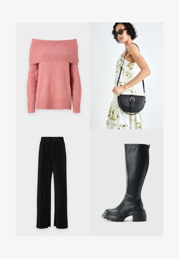Pulover brez naramnic iz mehkega rožnatega blaga z rebrastim ovratnikom in manšeti. Redna prileganje z gladko teksturo in dolgimi rokavi.; Črne plisirane hlače z elastičnim pasom. Imajo široke noge in gladko, teksturirano tkanino z navpičnimi črtami.; Visoka črna usnjena škornja s debelim podplatnim solejem in blok peto, opremljena s potegom in strukturiranim profilom na podplatu.; Črna usnjena torbica s ukrivljeno obliko, z odstranljivo naramnico in zlatimi dodatki. Torbica ima pokrov s podrobnostmi v obliki zaponke.