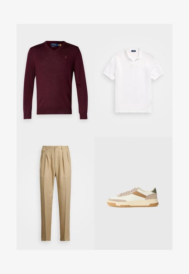 Polo Ralph Lauren SLIM FIT WASHABLE WOOL V-NECK JUMPER - Pulóver - aged wine heather; Fehér pólóing, pamutból készült, két gombos gallérral, rövid ujjú, és diszkrét logóval a bal mellen. Sima tapintású.; Beige vászon nadrág egyenes szabással, két első redővel, gombos záródással és oldalzsebekkel. Tömör textúrájú anyag sima felülettel.; Beige, krémszínű és olívazöld sportcipők, velúr és bőr anyagból, kerek orral, minimalista dizájnnal és gumitalppal.