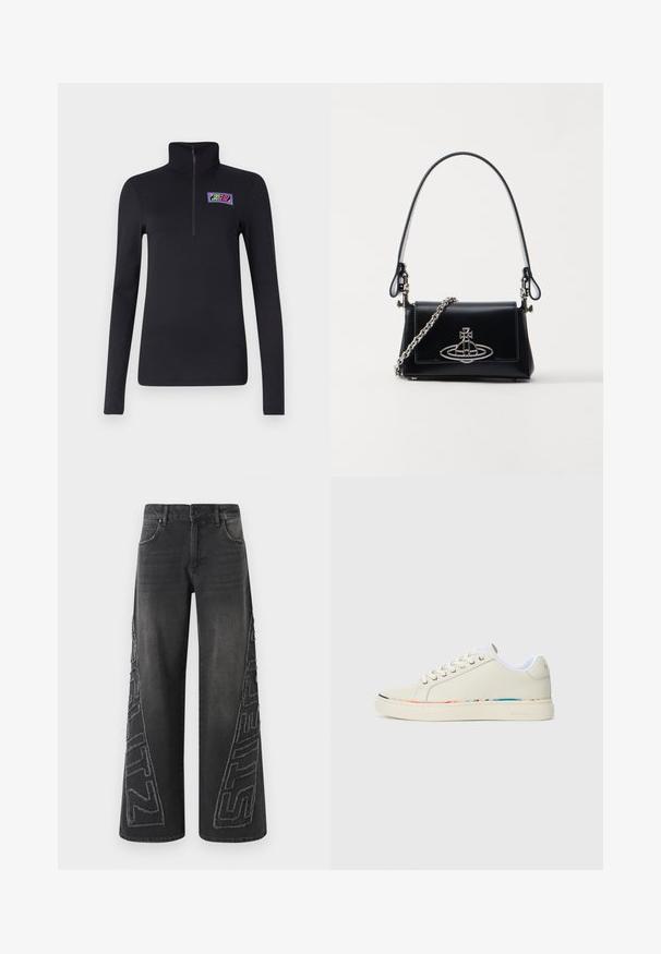 Fekete cipzáras, hosszú ujjú felső, magas gallérral és színes "SKYGLITZ" logóhímzéssel a mellkason, sima, rugalmas anyagból.; Fekete, bővített szárú farmernadrág, oldalán rojtos hímzett grafikával és hagyományos öt zsebes kialakítással.; Zsónás, alacsony, fűzős sneaker off-white színben, fehér belső béléssel és diszkrét, több színű díszítéssel a talp szélén, oldalnézet.; Fekete bőr kézitáska strukturált dizájnnal, ezüst lánc pánttal és kiemelkedő fém logóval az elején. Simább textúra.
