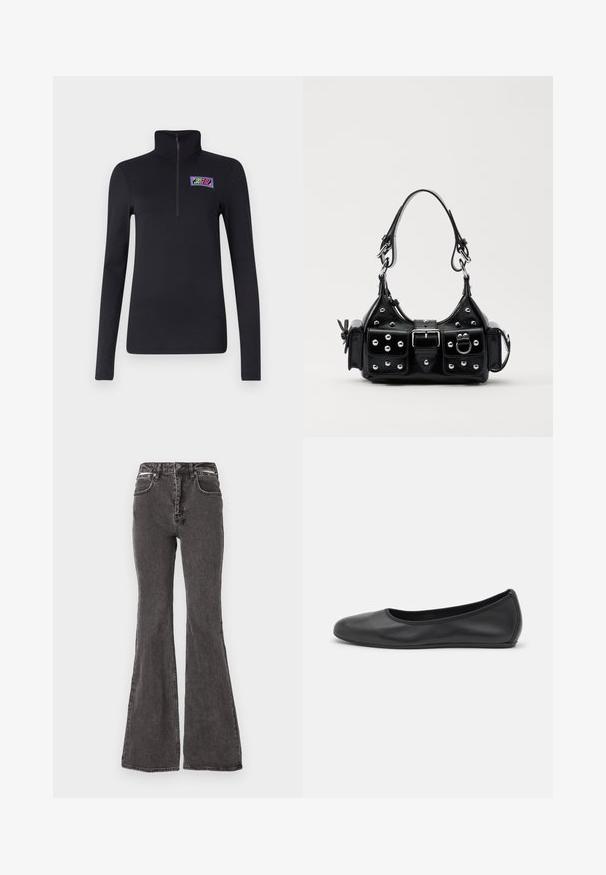 Fekete cipzáras, hosszú ujjú felső, magas gallérral és színes "SKYGLITZ" logóhímzéssel a mellkason, sima, rugalmas anyagból.; Fekete trapéznadrág, amely denimből készült, elhasználódott textúrával, elülső zsebekkel, övhurkokkal és fém kiegészítőkkel a derékon.; Fekete bőr balettcipő lekerekített orral, sima tekstúrával, minimális varrással és rugalmas talp kialakítással.; Fekete bőr kézitáska ívelt designnal, ezüst szegecsekkel, csattal és két oldalsó zsebbel. Állítható vállpánt a hordozási lehetőségekhez.