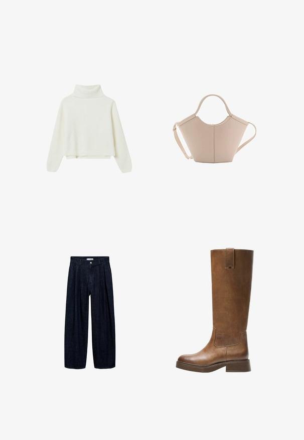 Pull en maille côtelée blanc avec col roulé, manches longues et coupe courte. Texture douce avec un design simple, sans motifs ni accents supplémentaires.; Pantalons larges en denim foncé avec des plis à la taille, présentant un bouton à l'avant et des passants de ceinture. Texture lisse et design à longueur complète.; Botte en cuir marron, montée jusqu'au genou, avec un bout arrondi, une surface texturée et un petit talon empilé. Elle présente un panneau latéral et une languette sur le dessus.; Sac à main en cuir beige avec une forme unique, doté de deux poignées courtes et d'une longue sangle réglable. Texture lisse avec un minimum de matériel.