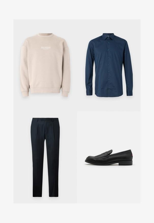 Beige sweatshirt made of soft fabric with a crew neck design. Features white text logo on the chest and ribbed cuffs and hem.; Navy blue long-sleeve button-up shirt made of smooth fabric. Features a standard collar, front placket with matching buttons, and cuffed sleeves.; Black tailored pants made of smooth fabric, featuring a slim fit design, two front pleats, and a flat waistband without visible hardware.; Black leather loafers with a smooth finish, rounded toe, and a small decorative flap. Features a low stacked heel and subtle branding detail.