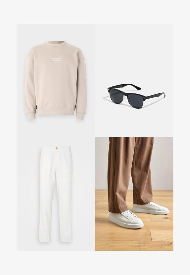 Világos bézs színű pulóver, puha anyagból készült, kerek nyakú dizájnnal. A mellrészen fehér színű logó található, valamint bordázott mandzsetta és alsó szegély jellemzi.; Fehér szövetnadrág egyenes szabással, két elülső zsebbel és gombos záródással. Sima textúra és letisztult design.; Személy fehér, texturált, alacsony szárú tornacipőben és laza barna nadrágban áll egy világos fa padlón.; Fekete napszemüveg, téglalap alakú, sötét lencsékkel, ezüst részletekkel a szárakon, és matt felülettel a kereten.