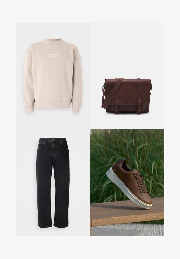 Béžová mikina vyrobená z mäkkého materiálu s dizajnom okrúhleho výstrihu. Obsahuje biele textové logo na hrudi a rebrované manžety a spodný lem.; Čierne džínsy z denimovej látky so rovný strihom, piatimi vreckami a kontrastným šitím. Obsahujú zapínanie na gombík a pútka na opasok na páse.; Hnedé kožené tenisky s bielou gumovou podrážkou, zaoblenou špičkou a hnedými šnúrkami. Textúrovaný grip na podrážke a hladký povrch na vrchnej časti.; Hnedá kožená messenger taška s plochým predným klopom, dvoma popruhmi, zlatými kovovými detailmi a nastaviteľným ramenným popruhom.