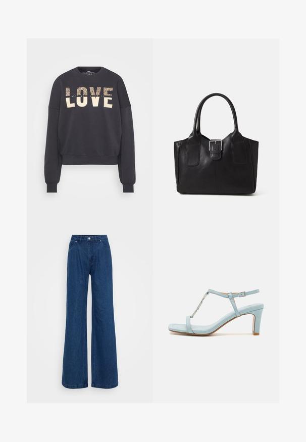 Tmavě šedá mikina s cropped designem. Má nápis "LOVE" v krémové barvě a zvířecím potiskem, žebrované manžety a kulatý výstřih. Měkčená textura.; Široké modré džínové kalhoty s vysokým pasem, zapínáním na knoflík a zip, a předními a zadními kapsami na jednobarevném pozadí.; Světle modré sandály na vysokém podpatku s kotníkovým páskem a čtveratou špičkou, s kovovým akcentem a elegantní, hladkou koženou texturou.; Černá kožená tote taška s hladkým povrchem, strukturovaným tvarem, dvěma uchy a výrazným stříbrným detailem s přezkou na přední straně.