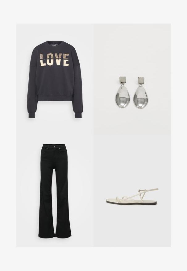 Dark grey sweatshirt with a cropped design. Features "LOVE" in cream and animal print, ribbed cuffs, and a crew neckline. Soft texture.; Black flared jeans made from denim, featuring a high waist, five pockets, and metal button closure. Smooth texture with minimal detailing.; Beige flat sandal with multiple slender straps and an adjustable buckle. The sole is flat with a slight dark contrast at the edge.; Silver drop earrings with a square stud, featuring a smooth, polished finish and a teardrop shape, reflecting light with a glossy surface.