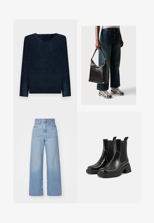 Granatowy sweter z prążkowanej dzianiny z dekoltem w kształcie V, długimi rękawami i luźnym krojem. Miękka tekstura z subtelnym połyskiem w całym materiale.; Jasnoniebieskie jeansy z wysokim stanem i szerokimi nogawkami, z zapięciem na guziki i zamek z przodu, przednie i tylne kieszenie, na białym tle.; Czarne skórzane botki Chelsea na mocnej podeszwie, z elastycznymi panelami bocznymi i kontrastującym białym ściegiem. Teksturowane wykończenie.; Czarna skórzana torba na ramię o gładkiej fakturze i regulowanym pasku, w zestawieniu z wyblakłymi dżinsami typu wide-leg i sportowymi butami.