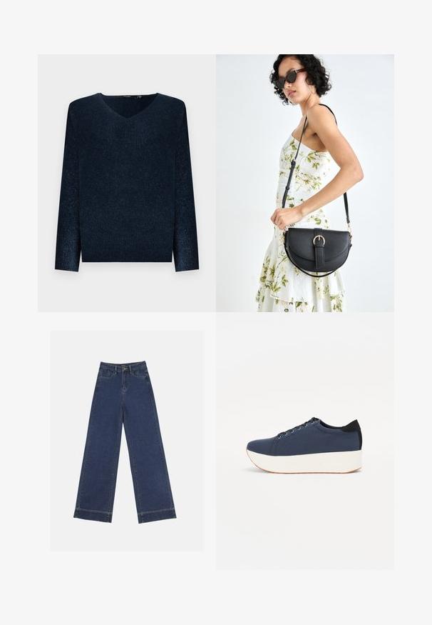 Tamsiai mėlynas, dryžuotas megztinis su V formos iškirpte, ilgomis rankovėmis ir laisvu siluetu. Minkšta tekstūra su subtiliu blizgesiu per visą audinį.; Plati džinsai tamsiai mėlynos denimo. Yra penki kišenės, diržo kilpos ir apatinė briauna su matomais siuvimo detalėmis.; Tamsiai mėlynas sportinis batelis su tekstūruotu audiniu viršuje, baltu platformos padu, apvaliu pirštu ir juodu kulno akcentu.š. Yra šešios skylės raišteliams.; Juodas odinis krepšys su išlenkta forma, nuimamu dirželiu ir auksiniais detalėmis. Krepšys turi kilpą su sagtimi.