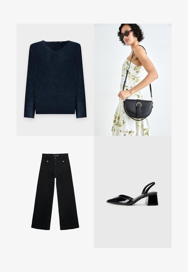 Námořnický pulovr s ribovaným úpletem, výstřihem do V, dlouhými rukávy a volným střihem. Měkká textura s jemným leskem po celém materiálu.; Černé široké džíny s vysokým pasem, obsahující dvě přední kapsy a kovové knoflíkové detaily. Látka má hladkou texturu.; Černé lakované kožené lodičky na pásku s špičatou špičkou a geometrickým blokovým podpatkem. Vyznačují se elegantním, minimalistickým designem a hladkým povrchem.; Černá kožená kabelka s křivkovým tvarem, odnímatelným popruhem a zlatými detaily. Kabelka má klopu s přezkou.