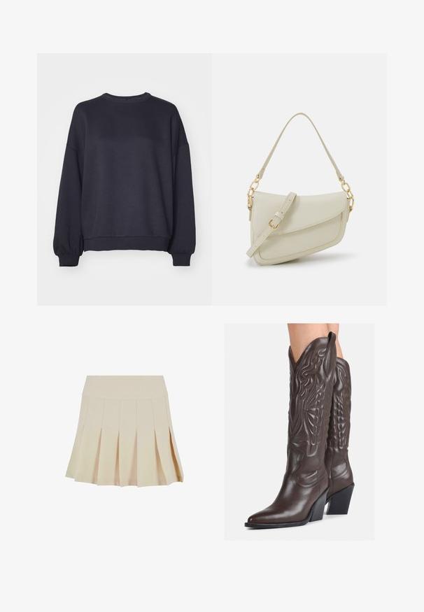 Sötét tengerészkék pulóver, puha anyagból készült. Kerek nyakkivágással, ejtett vállakkal, valamint bordás mandzsettákkal és hemel ellátva. Egyszerű dizájn, minták nélkül.; Beige, redőzött szoknya, amelyen a derékrész szorosan illeszkedik, sima anyagból készült. Több függőleges redő és egyenes szegély található rajta.; Barna bőr cowboy csizmák hegyes orral és blokk sarkal, részletes varrással és kiemelkedő díszítésekkel a szárán.; Kis krémszínű táska texturált felülettel, hosszú, állítható pánttal, láncos díszítéssel és fedéllel záródik. Aranyszínű fém részletek.; Krém színű párnázott fejpánt csavaros kivitelezéssel, bézs és fehér csíkos pólóval párosítva, kerek nyakkivágással. Diszkrét ékszer kiegészítők.