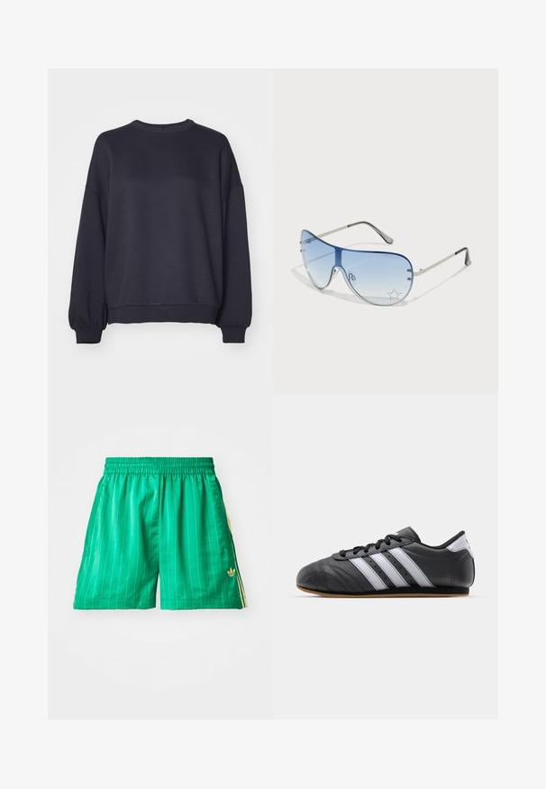Dunkelblaues Sweatshirt aus weichem Stoff. Mit Rundhalsausschnitt, überschnittenen Schultern und gerippten Bündchen und Saum. Einfaches Design ohne Muster.; Grüne Sportshorts mit weißen vertikalen Streifen, elastischem Bund und gelben Seitenakzenten. Mit einem kleinen goldenen Logo unten links.; Schwarzer Sportschuh aus Leder mit weißen Streifen, runder Spitze, flacher Sohle und Schnürverschluss. Besitzt Perforationen für Atmungsaktivität.; Flugzeugbrille mit einem verlaufenden blauen Glase, silbernem Metallrahmen und dekorativen Sternelementen auf dem Glas. Glattes und elegantes Design.