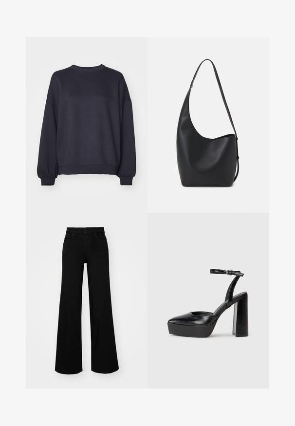 Sweatshirt azul-escuro feito de tecido suave. Apresenta um decote redondo, ombros caídos e punhos e bainha canelados. Design simples sem padrões.; Calças largas pretas em denim, com uma cintura estruturada, passantes para cinto e bolsos frontais. Textura suave com um design clássico.; Saltos altos pretos com bico fino e atilho ajustável no tornozelo. Confeccionados em couro suave, apresentam um salto bloco robusto.; Saco hobo preto em pele com uma textura lisa, forma curva e uma única alça ajustável; apresenta uma abertura larga na parte de cima.