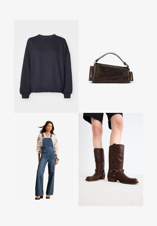 Ciemnoniebieski sweatshirt wykonany z miękkiego materiału. Posiada okrągły dekolt, opadające ramiona oraz ściągacze na rękawach i dolnym brzegu. Prosty design bez wzorów.; Dżinsowe ogrodniczki z falistym wzorem przy bibie, rozszerzanymi nogawkami i bocznymi kieszeniami. Połączone z białą bluzką z haftem i drewnianymi akcesoriami.; Brązowe skórzane kozaki do kolan z okrągłym noskiem, teksturowaną powierzchnią, paskiem w okolicy kostki i srebrnymi detalami; na platformie.; Brązowa skórzana torebka z geometrycznym wzorem, z górną rączką i mosiężnymi suwakami. Logo wytłoczone z boku.