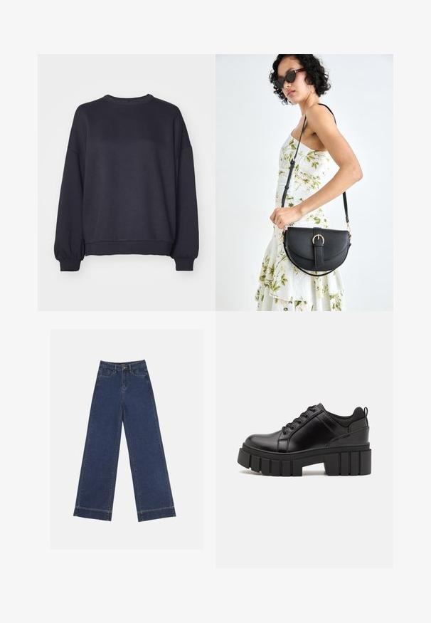 Tume merev snood pehmest kangast. Omab ümmargust kaela lõiget, langenud õlgu ning soonikkoes varrukaid ja alläärte. Lihtne disain, ilma mustriteta.; Laiad püksid tumedast sinisest denimist. Omab viit taskut, vöölõke ja toore äärega allosas, kus on nähtavad õmblused.; Must musta platvormsussid paksu plokkninal, ümmarguse varbaga ja traditsioonilise nööridega kinnitamisega. Sussid on sileda tekstuuriga ja minimaalsete detailidega.; Mustmust mustraha kõverate joontega, eemaldatava rihmaga ja kuldsete detailidega. Kotil on klapp, millel on pandladetail.