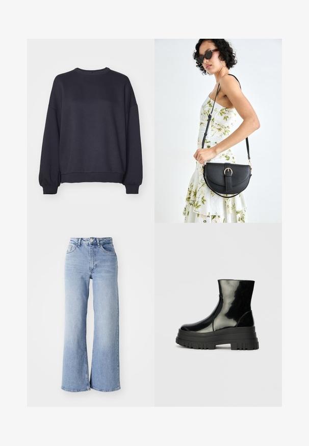 Dark navy sweatshirt made of soft fabric. Features a crew neckline, dropped shoulders, and ribbed cuffs and hem. Simple design with no patterns.; Light blue high-waist wide-leg jeans with front and back pockets, button closure, and subtle fading on the thighs and hems.; Black glossy ankle boot with thick lug sole and rounded toe, side view on plain light gray background.; Black leather handbag with a curved shape, detachable strap, and gold hardware. The bag features a flap with a buckle detail.