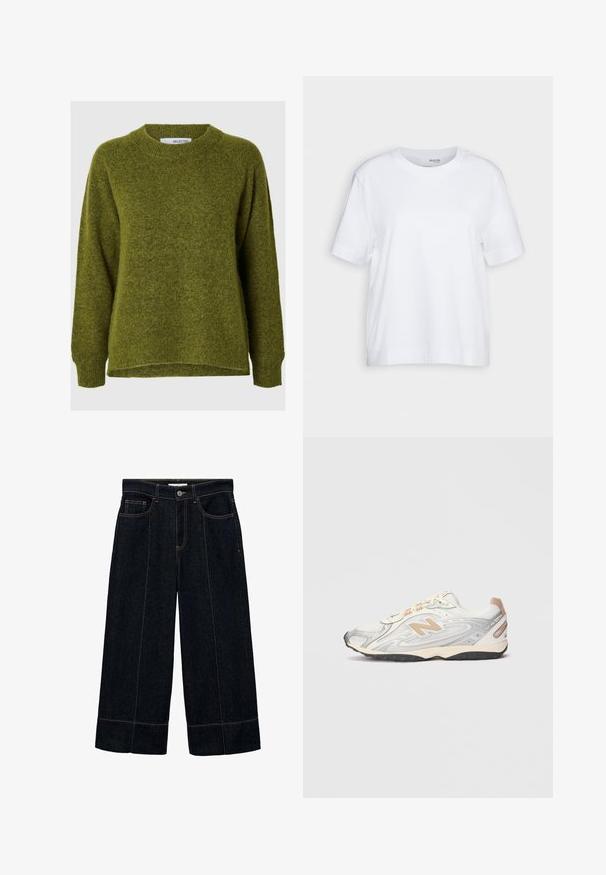 Zelena pletena pulover s okroglim izrezom, spuščeni rameni in sproščenim krojem. Mehak tekstura in nekoliko daljši zadnji rob.; Bela kratka majica s kratkimi rokavi, krojačka ovratnika, izdelana iz mehkega, gladkega bombažnega blaga, s pravim robom in minimalnimi podrobnostmi. Enostaven in vsestranski dizajn.; Temne jeans hlače širokega kroja z visokim pasom, dvema sprednjima žepoma in kontrastnim šivanjem. Zasukani rob dodaja edinstven detajl.; Športni čevlji v svetlo sivi barvi s srebrnimi detajli, mrežast gornji del, bež podrobnosti in črna gumijasta podlaga. Vključujejo vezalke in oblazinjen ovratnik.