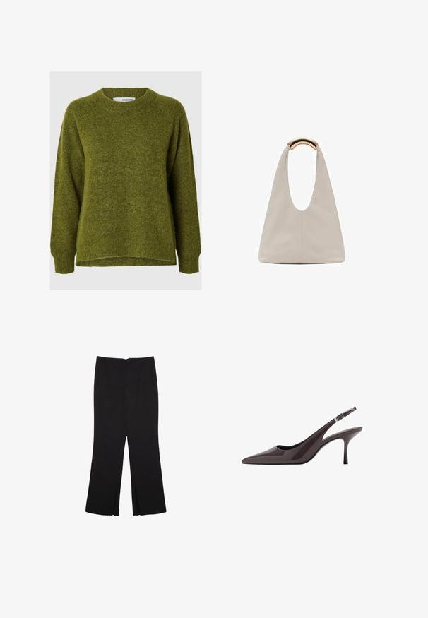 Zelena pletena pulover s okroglim izrezom, spuščeni rameni in sproščenim krojem. Mehak tekstura in nekoliko daljši zadnji rob.; Črne hlače ravnega kroja z naglavnimi žepi in stranskimi razporki na robu. Narejene iz mehke, gladke tkanine. Primerne za različne priložnosti.; Svetle črne slingback pete s pointed toe v temno rjavi lakirani usnjeni obliki, ki vključujejo vitko visoko peto in nastavljiv gleženjski trak z zaponko.; Svetlo siva usnjena torba z U-oblika zasnovo in ukrivljenim kovinskim ročajem. Gladka tekstura z minimalnim šivom in brez vidnih vzorcev.