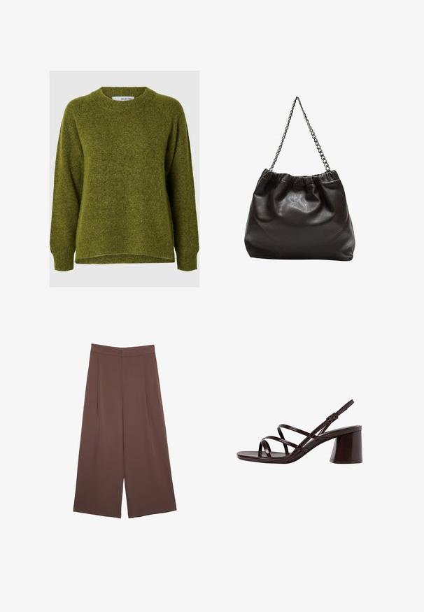 Zelena pletena pulover s okroglim izrezom, spuščeni rameni in sproščenim krojem. Mehak tekstura in nekoliko daljši zadnji rob.; Rjave široke hlače z gladko teksturo, ki imajo visok pas in sprednje naborke. Tkanina je lahka in prosto pada.; Rjave sandale na visoki peti s debelim petom, z gladko, sijajno površino in večkratnimi križnimi trakovi na zgornjem delu.; Rjava usnjena torba z nabranim vrhom in verižnim trakom. Gladka tekstura z sijajno površino in subtilnimi šivi na straneh.