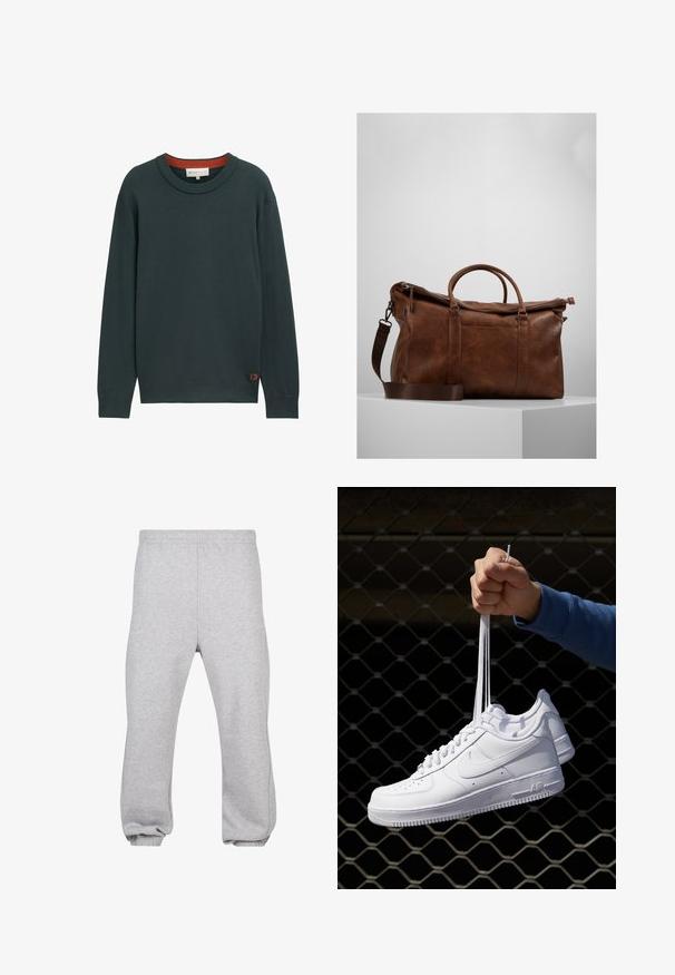 TOM TAILOR DENIM BASIC CREWNECK - Svetr - dark gable green; Šedé tepláky vyrobené z bavlněné směsi, s elastickým pasem, zúženými nohavicemi a manžetami na koncích. Jednoduchý design bez vzorů.; Bílé kožené tenisky s perforacemi, kulatou špičkou, plochou podrážkou a silnými tkaničkami, které mají viditelné logo swoosh a nápis "AIR" na patě.; Hnědá kožená cestovní taška s uzávěrem na zip, dvojitými uchy, nastavitelným ramenním popruhem a viditelnými textura vzory na povrchu.