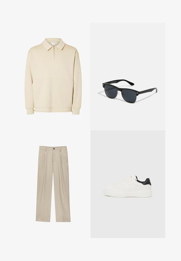 Beige pulóver kapucnis pulóver, puha anyagból készült, zipzáras nyakkal, gallérral és laza szabással, egyszerű vízszintes varrási részletekkel.; Beige egyenes szárú nadrág, egy fekete gombbal, övhurkokkal és oldalzsebekkel. Sima szövettextúra és minimális design.; Fehér bőr sportcipő, dombornyomott mintával, texturált fehér középtalppal és fekete sarokbetéttel. Kerek orrú és lapos fűzőkkel rendelkezik.; Fekete napszemüveg, téglalap alakú, sötét lencsékkel, ezüst részletekkel a szárakon, és matt felülettel a kereten.