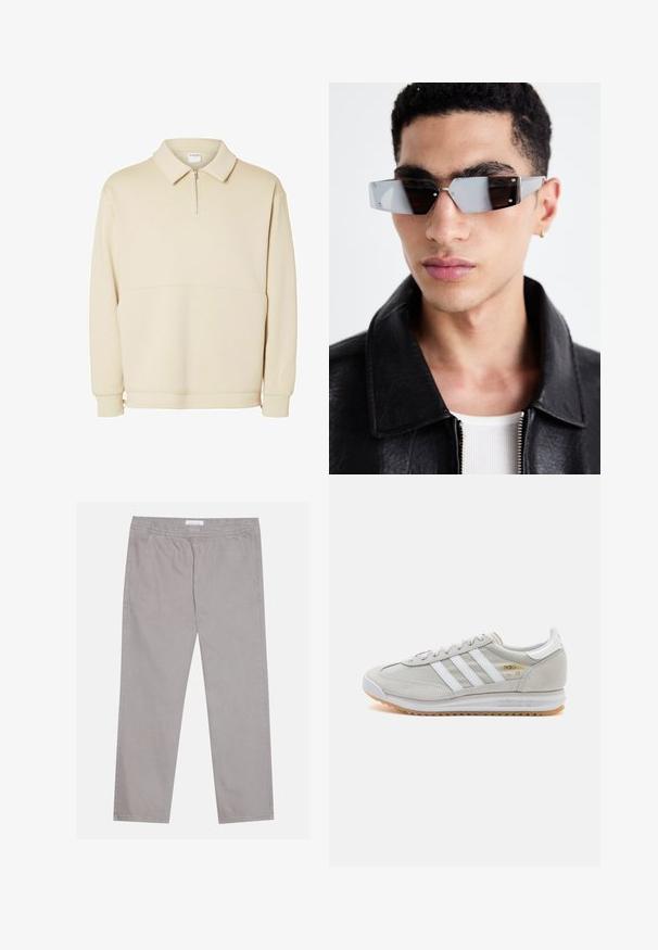 Bežinis puloveris su užtrauktuku pagamintas iš minkštos medžiagos, turi apykaklę ir laisvą siluetą su paprasta horizontalia siūlų detale.; Šviesiai pilki medvilniniai treningai su elastinga juosta, dviem šoninėmis kišenėmis, tiesia kojų forma ir glotnia tekstūra. Paprasti siuvimo detalės.; Šviesiai pilki sportbačiai, pagaminti iš zomšos ir tinklinės medžiagos, su trimis baltais dryžiais, apvaliu pirštu ir guma padu. Auksinė logotipo detalė šalia raištelių.; Kampinis pilkai tonuoti akiniai nuo saulės su sidabrinėmis detalėmis, prieš šviesų foną. Lęšiai turi unikalią geometrinę formą.