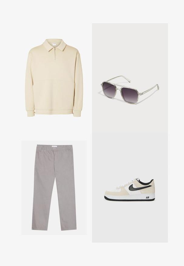 Beige genser med hette laget av mykt stoff, med glidelås i halsen, krage og en avslappet passform med en enkel horisontal sømdetalj.; Lys grå bomullsbukser med elastisk midje, to sidelommer, rett ben-design og en jevn tekstur. Enkle sømdetaljer.; Sneakers med lys beige semsket skinn og hvit skinn-overdel, svart Nike swoosh, svarte detaljer, og en hvit gummisåle med "AIR" merke.; Klare innrammede solbriller med firkantet form og gradient grå linser. Tynne sølvdetaljer på bøylene gir et ekstra preg.