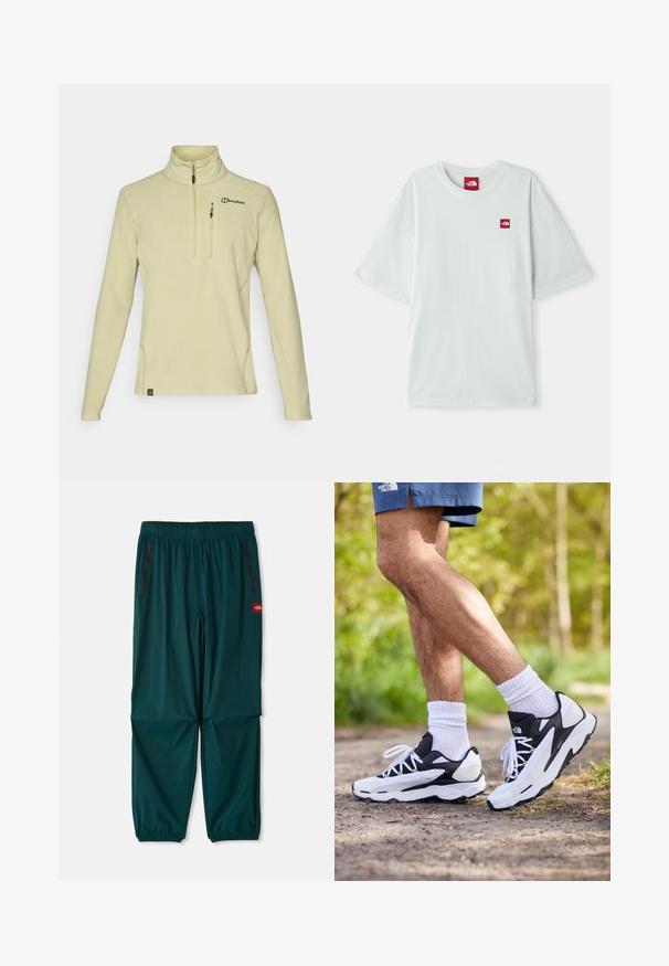 Sudadera de forro polar de color amarillo claro con cuello de media cremallera, mangas largas y un pequeño bolsillo en el pecho; cuenta con un logo verde y una textura en la tela.; Camiseta de manga corta verde claro hecha de algodón suave, con una pequeña etiqueta de logo rojo en el área del pecho izquierdo. Corte relajado y escote redondo.; Pantalones de exterior en verde azulado oscuro, con una cintura elástica, dos bolsillos laterales con cremallera y puños elásticos en los tobillos. Material ligero.; Zapatillas deportivas en blanco y negro con parte superior de malla, acentos texturizados y cordones blancos. Combinadas con calcetines tobilleros blancos y pantalones cortos de color navy en un sendero.