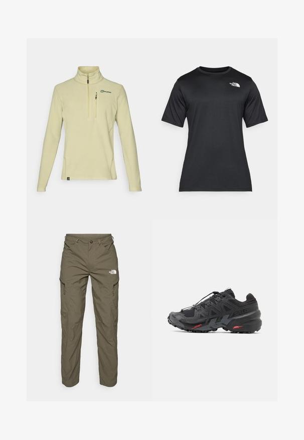 Svetlo rumeni flis pulover s ovratnikom na pol zadrgo, dolgimi rokavi in majhnim žepom na prsih; ima zeleni logo in strukturirano tkanino.; Črna majica s kratkimi rokavi iz lahkega, vlago odvajajočega materiala. Ima belo logo na levem prsnem delu in krožni izrez.; Olivno zeleni outdoor hlače iz lahkega materiala, z večjimi žepi, dodatki z zadrgo in logotipom na zgornji stegn.; Črne tekaške čevlje s sintetičnim zgornjim delom, teksturiranim dizajnom in kontrastnimi rdečimi poudarki. Imajo zavarovan sistem vezalk in trden podplat.