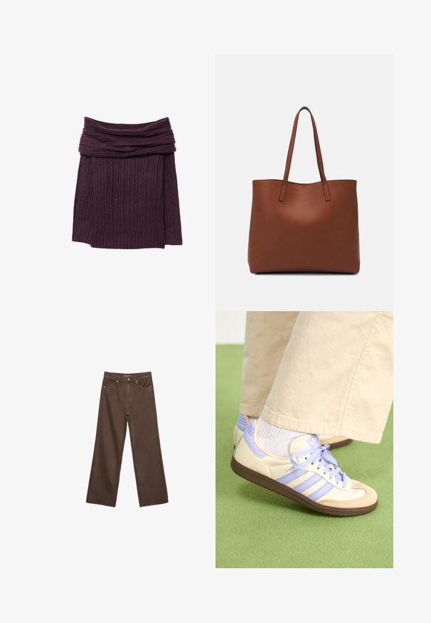 Pleteni pulover s rebrastim uzorkom u tamnoljubičastoj boji s labavim izrezom i dugim rukavima. Mekana tekstura, složeni detalj oko ovratnika.; Proširene smeđe traperice od denima, s visokim strukom, prednjim džepovima i klasičnom kopčom na dugme. Glatka tekstura s suptilnim šavovima.; Kremasto-ljubičaste tenisice s tri pruge i strukturiranim smeškim potplatom, s vezicama i podstavljenim petom. Mekana gornja tkanina.; Smeđa kožna torba preko ramena s glatkom teksturom, otvorenim vrhom i dvjema naramenicama. Ima minimalne šavove i nema vidljivog hardvera.