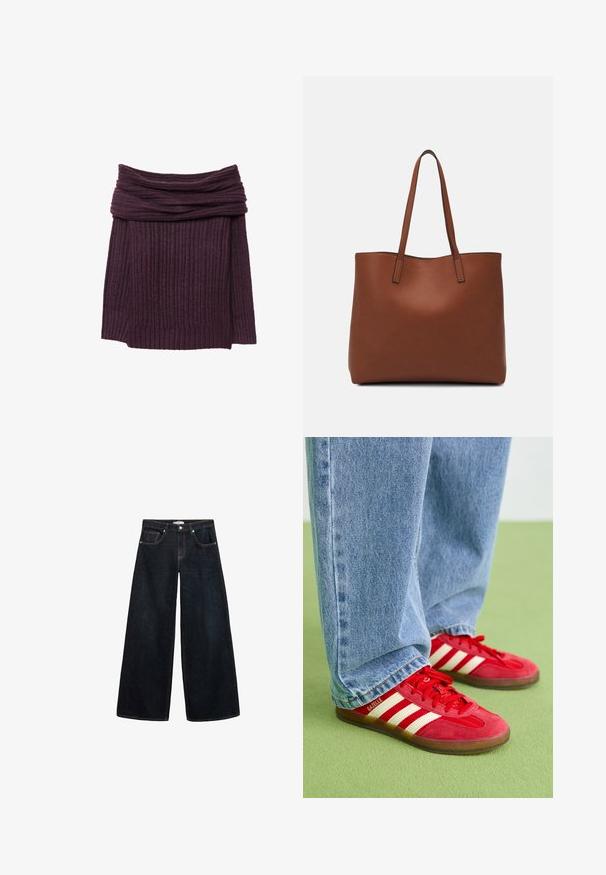 Rippstrickpullover in tiefem Lila mit einem weich fallenden Ausschnitt und langen Ärmeln. Weiche Textur, Lagen-Detail am Kragen.; Weite, dunkelblaue Jeans mit hoch sitzendem Bund, kontrastierenden Nähten, Vorderentaschen und einem minimalistischen Design.; Rote Wildleder-Sneaker mit drei weißen Streifen, runder Zehenpartie und strukturiertem Profil, kombiniert mit hellblauen Jeans auf einem grünen Hintergrund.; Braune Leder-Tote mit glatter Textur, offenem Oberteil und zwei Schulterriemen. Verfügt über minimale Nähte und keine sichtbaren Beschläge.