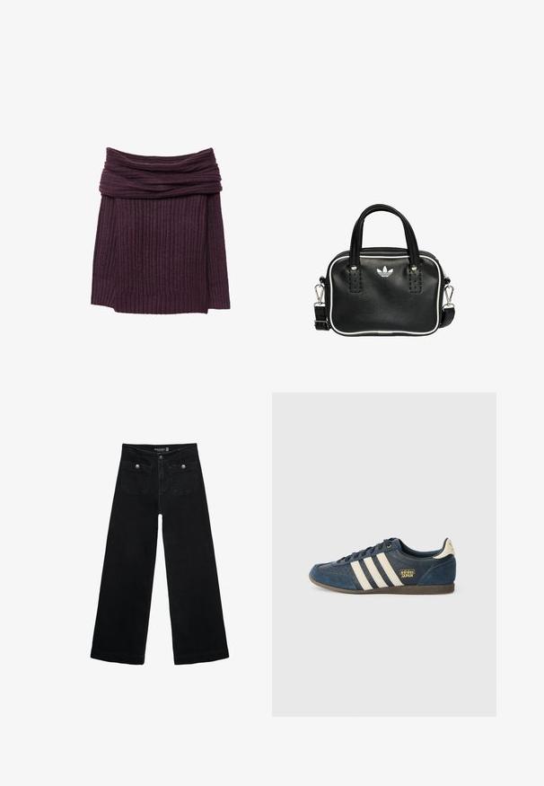 Pleteni pulover s rebrastim uzorkom u tamnoljubičastoj boji s labavim izrezom i dugim rukavima. Mekana tekstura, složeni detalj oko ovratnika.; Crne široke traperice s visokim strukom, koje imaju dva prednja džepa i metalne gumbe kao ukrase. Tkanina ima glatku teksturu.; Tamno plavi nubuk patikama s kremastim prugama, teksturiranim prednjim dijelom, zlatnim "adidas JAPAN" logom i smešnim gumenim đonom. Klasičan dizajn s niskim profilom.; Crna kožna torba s dva kratka ručka, srebrnim detaljima, bijelim naglascima i bijelim logotipom. Ima teksturiranu površinu i kompaktni dizajn.