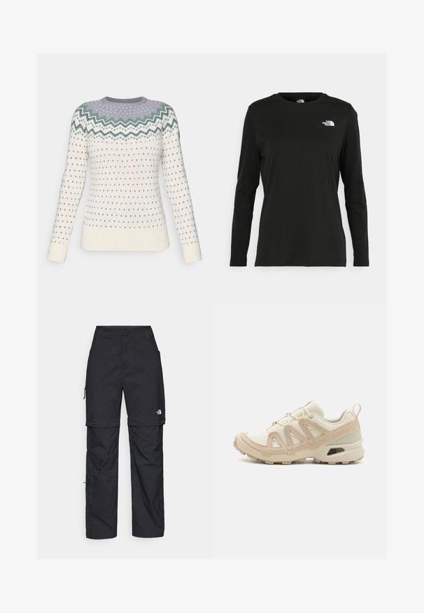 Gehaakte trui in crèmekleur met een zigzagpatroon in lichtpaars en groen bij de halslijn. Bevat kleine blauwe hartjes en geribbelde manchetten.; Zwart langsluiting T-shirt van katoen met een ronde hals. Heeft een klein wit logo op de linkerkant van de borst. Eenvoudig ontwerp en pasvorm.; Zwarte nylon cargo broek met afneembare pijpen, verstelbare manchetten, meerdere zakken en een logo op het rechterbeen. Gladde, lichte textuur.; Beige en crème sportschoen met een textuur-mesh bovenwerk, ondersteunende overlays en een rubberen zool met een profielpatroon voor grip.