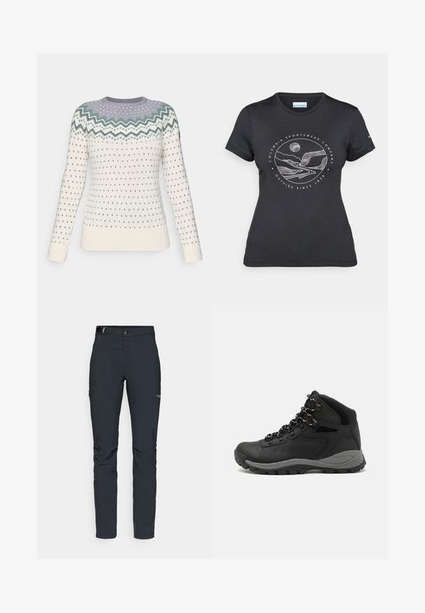 Pull en tricot crème avec un motif en zigzag en violet clair et vert au niveau du col. Présente de petits cœurs bleus et des poignets côtelés.; T-shirt noir Columbia avec un dessin linéaire blanc de montagne et de rivière en cercle et le texte "Columbia Sportswear Company À l'extérieur depuis 1938."; Pantalons de plein air pour hommes, gris foncé, fabriqués en matériau flexible, dotés d'une ceinture, de poches zippées et de coutures renforcées.; Botte de randonnée noire au design mi-haut, avec un dessus texturé, des accents gris et une semelle en caoutchouc durable avec des crampons de traction.