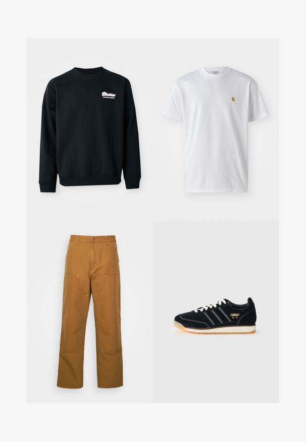 Black sweatshirt with ribbed neckline and cuffs. Features white logo reading "Dickies Workwear Company" on the upper left chest. Soft texture.; White cotton t-shirt with short sleeves, crew neck, featuring a small gold logo on the left chest area. Soft texture and regular fit.; Brown cotton utility pants with a straight leg design, featuring front pockets and metal hardware accents for added durability.; Black suede sneaker with white laces, three white stripes on the side, textured accents, and a rubber sole featuring a slight orange tint.