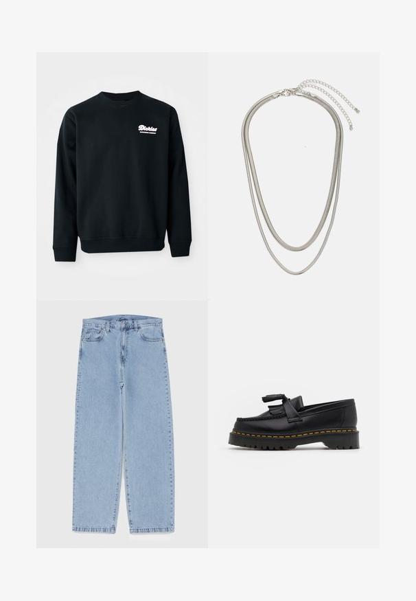 Sweatshirt preto com gola e punhos canelados. Apresenta um logótipo branco com a inscrição "Dickies Workwear Company" no lado esquerdo do peito. Textura macia.; Jeans de denim azul claro com design de perna reta, apresentando uma cintura de altura média, cinco bolsos e um fecho de botão e zíper.; Mocassim de couro preto com um detalhe de franjas, apresentando uma sola preta robusta e costura amarela ao longo da borda. Acabamento texturizado.; Colar de metal prateado em três camadas, com correntes flexíveis e elegantes que possuem um leve brilho, fechado com um fecho de lagosta e corrente ajustável.
