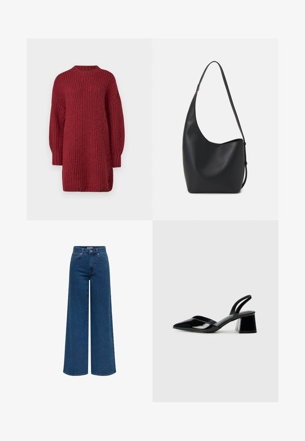 Rode gebreide trui-jurk met een hoge halslijn, verlaagde schouders en ribbelstructuur. Heeft lange mouwen en een losse pasvorm.; Wijdvallende jeans van donkerblauwe denim, met een hoge taille, twee voorkruimelpockets en een knoop met een ritssluiting. Schone zoomafwerking.; Zwarte gepatineerde leren slingback hakken met een spitse neus en een geometrische blokhak. Kenmerkt zich door een slank, minimalistisch ontwerp en een gladde textuur.; Zwarte leren hobo tas met een gladde textuur, kromme vorm en een enkele verstelbare schouderband; heeft een brede opening aan de bovenkant.