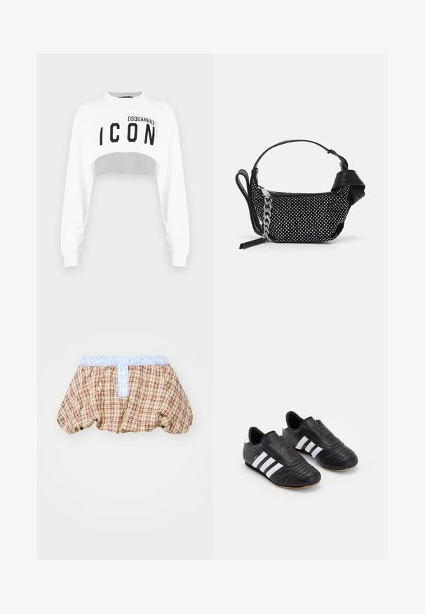 Weißer, kurz geschnittener Pullover mit langen Ärmeln, runder Halsausschnitt und schwarzem "ICON"-Logo auf der Vorderseite. Aus einem glatten, weichen Stoff gefertigt.; Kariert gepuffte Shorts in Braun, Beige und Rot mit einem hellblau gestreiften Taillenbund und Knopfdetails an der Vorderseite.; Schwarze Fußballschuhe mit einem strukturierten Lederoberteil, ausgestattet mit einer gepolsterten Vorderseite, drei weißen Streifen an den Seiten und einer Gummisohle.; Schwarze Handtasche mit Nietenverzierungen, einer Kettenriemen und einem glatten Ledergriff, in runder Form und mit einem Reißverschlussfach.