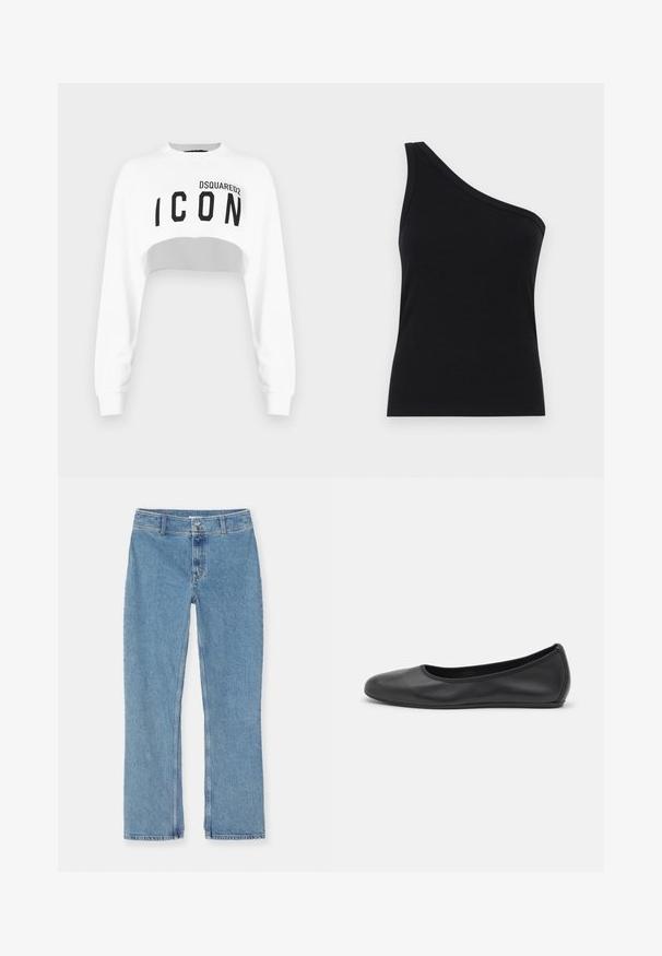 Hvid cropped sweatshirt med lange ærmer, rund halsudskæring og sort "ICON" logo på forsiden. Lavet af et glat, blødt materiale.; Løsningstanktop med en skulder i sort ribbet stof, der har et tætsiddende design og blød tekstur. Har en ren, minimalistisk skæring og en glat halsudskæring.; Lyseblå denim jeans med lige ben, med knap- og lynlåslukning, bæltesløjfer og standard syninger på en hvid baggrund.; Sort læderballetsko med rund tå, glat tekstur, minimal syning og et fleksibelt såldesign.