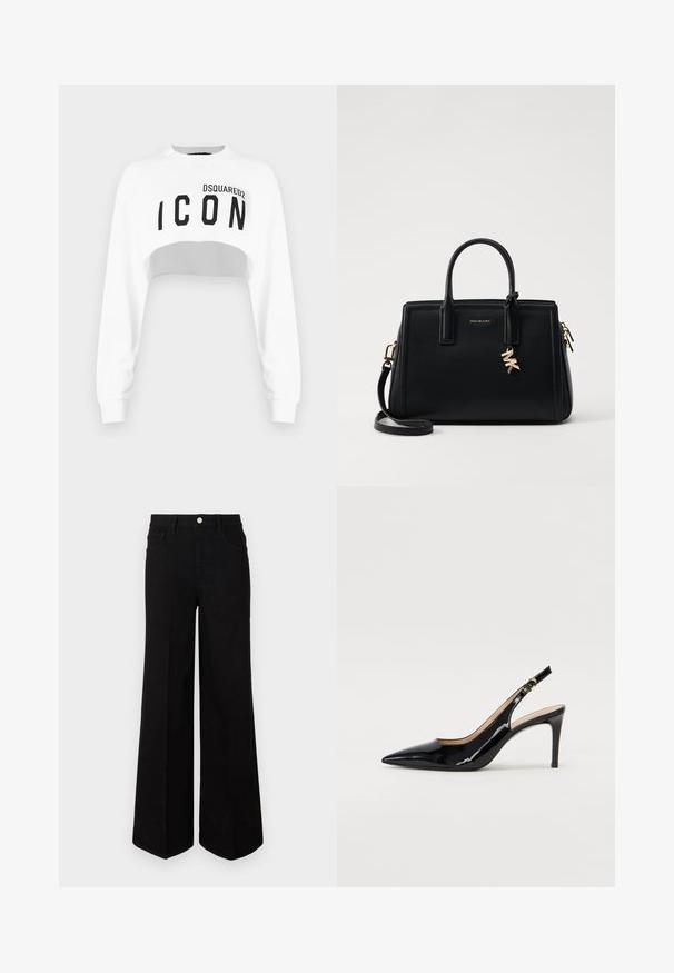 White cropped sweatshirt featuring long sleeves, round neckline, and black "ICON" logo on the front. Made of a smooth, soft fabric.; Black wide-leg jeans made of sturdy fabric, featuring a high waist, front pockets, and a front button closure. Flat hem at the bottom.; Black patent leather slingback pump with pointed toe, slim heel, and a subtle cutout design. Features a gold buckle on the strap.; Black leather handbag with structured design, dual top handles, detachable shoulder strap, gold hardware, and a logo charm accent.
