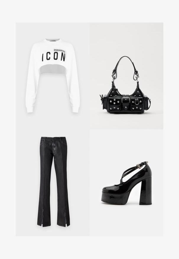 Weißer, kurz geschnittener Pullover mit langen Ärmeln, runder Halsausschnitt und schwarzem "ICON"-Logo auf der Vorderseite. Aus einem glatten, weichen Stoff gefertigt.; Schwarze ausgestellte Hosen mit glänzender Oberfläche, ausgestattet mit zwei vorderen Taschen und Schlitzdetails am Saum, aus strapazierfähigem Material gefertigt.; The Kooples CHAUSSURES - High Heel Pumps - black; Schwarze Lederhandtasche mit einem geschwungenen Design, verziert mit silbernen Nieten, einer Schnalle und zwei seitlichen Taschen. Verstellbarer Träger für verschiedene Tragemöglichkeiten.