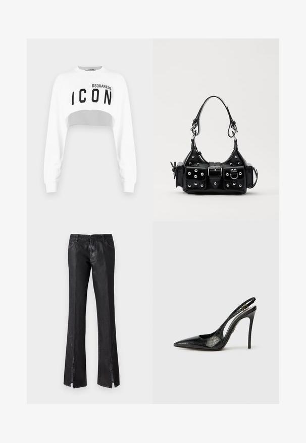 White cropped sweatshirt featuring long sleeves, round neckline, and black "ICON" logo on the front. Made of a smooth, soft fabric.; Black flared trousers with a glossy finish, featuring two front pockets and slits near the hem, made from durable fabric.; Black slingback pump with a pointed toe, textured snake pattern, stiletto heel, and a decorative buckle on the strap.; Black leather handbag with a curved design, featuring silver studs, a buckle, and two side pockets. Adjustable strap for carrying options.