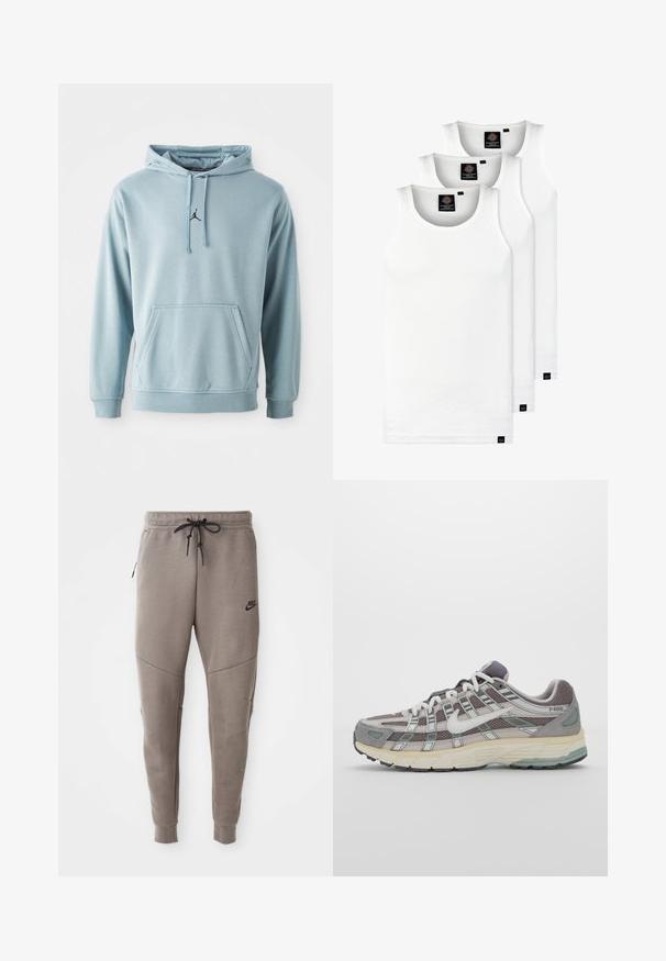 Világoskék kapucnis pulóver, puha anyagból készült, elülső zsebbel, bordás mandzsettákkal és egy kis fekete logóval a mellkason.; Három fehér csíkos pamut trikó. Felső része kerek nyakkivágású, és a szegély közelében kis fekete címkék találhatók. Több méretben elérhető.; Szürke Nike melegítőnadrág húzózsinórral a deréknál, keskeny lábakkal, oldalsó zsebekkel és jellegzetes varrás részletekkel. Puha, texturált anyag.; Szürke sportcipő, hálós és velúr felsőrésszel, fehér részletekkel, párnázott talppal és jellegzetes dizájnnal, amely visszaverő elemeket tartalmaz.