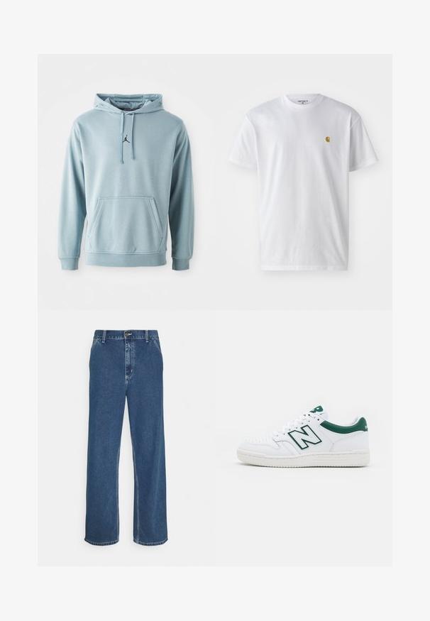 Felpa con cappuccio di colore blu chiaro realizzata in tessuto morbido, dotata di una tasca frontale, polsini a costine e un piccolo logo nero sul petto.; T-shirt bianco in cotone con maniche corte, con colletto girocollo, caratterizzato da un piccolo logo dorato sulla parte sinistra del petto. Tessuto morbido e vestibilità regolare.; Jeans in denim blu con taglio dritto, design a cinque tasche, chiusura con bottone metallico e cuciture visibili lungo le cuciture e l'orlo.; Sneaker bianco con accenti verdi, tomaia in pelle, punta perforata, chiusura con lacci e suola in gomma testurizzata. Presenta un logo "N" ben visibile.