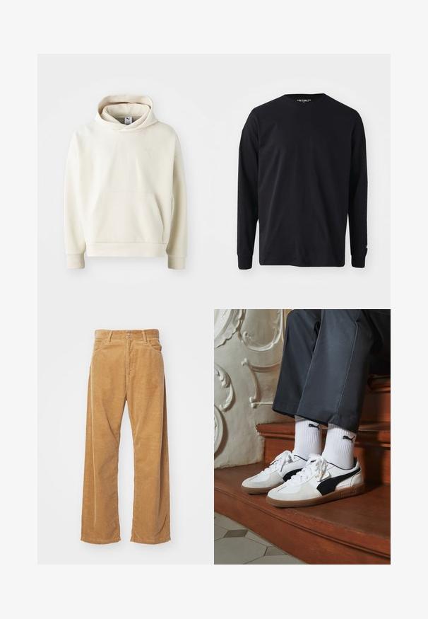 Krémovo sfarbená mikina s kapucňou, predným vreckom, rebrovanými manžetami a malým vyšitým logom na hrudi. Hladká textúra látky.; Čierne tričko s dlhým rukávom vyrobené z bavlny, s okrúhlym výstrihom a rovnými strihom, s malým logom na rukáve.; Bavlnené wide-leg nohavice v bezovej farbe. Majú textúrované vertikálne pruhy, klasický pás a dve predné vrecká.; Tenisky Puma v bielej a čiernej z semišu, s hnedou gumovou podrážkou. Kombinované s bielymi ponožkami s čiernym logom, nosené s tmavými nohavicami.