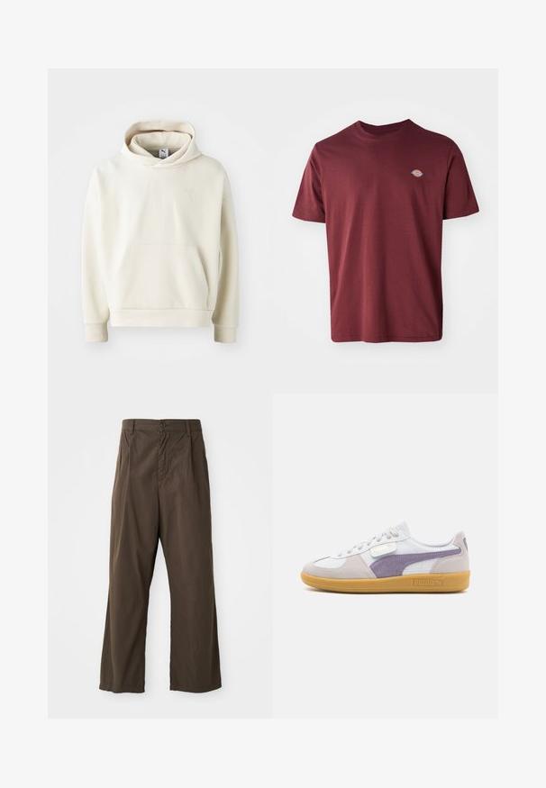 Cremefarbener Kapuzenpullover mit einer Fronttasche, gerippten Bündchen und einem kleinen gestickten Logo auf der Brust. Glatte Stofftextur.; Burgunderfarbendes Baumwoll-T-Shirt mit Rundhalsausschnitt, kurzen Ärmeln und einem kleinen, runden Markenlogo, das auf der linken Brust gestickt ist.; Braune, weite Baumwollhosen mit vorderem Knopfverschluss, Gürtelschlaufen und einer glatten, matten Textur.; Weiße und lila Sneakers aus Wildleder und Leder, mit einer Sohle aus Gummi und ikonischer Markenkennzeichnung an den Seiten.